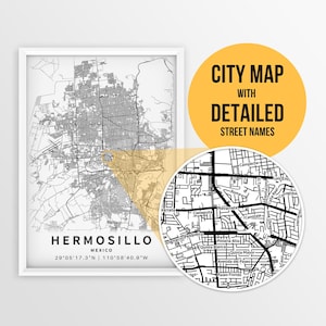 Printable Map of Hermosillo, Mexico with Street Names - Instant Download \ City Map \ Wall Art \ Mexico Poster \ Mexico Road \ Map Print