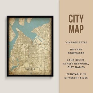 Vintage Stil Karte von Tacoma, Washington, USA - sofortiger Download ~ Strassenkarte ~ Wand Kunst ~ Poster ~ Vintage Stil ~ Karte Print