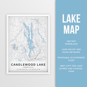 Mapa imprimible de Candlewood Lake, Connecticut, EE. UU. - Descarga instantánea \ Mapa del lago \ Cartel del mapa \ Lake House \ LakeLife \ Pesca \ Paseos en bote