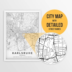 Mapa imprimible de Karlsruhe, Alemania, con nombres de calles - Descarga instantánea | Mapa de la ciudad | Regalo de viaje | Póster de la ciudad | Impresión de mapa de carreteras | Arte mural