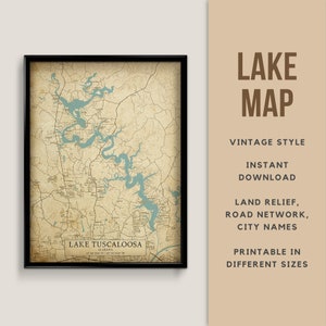Carte de style vintage du lac Tuscaloosa, Alabama, États-Unis avec les noms de villes - Téléchargement immédiat \ Carte du lac \ Art mural \ Poster imprimable \ Lake House
