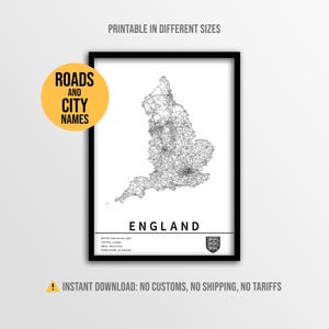 England Country Map Poster, Printable United Kingdom Road Map with City Names (Instant Download)