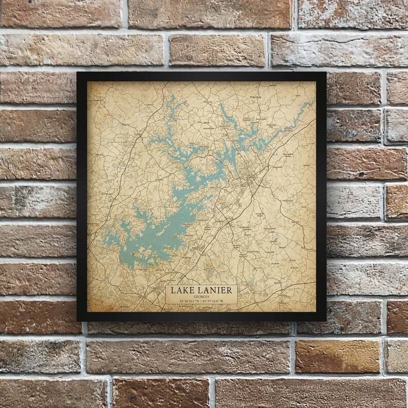 Lake Lanier Vintage Style Map, Printable Georgia Lake House Poster ...