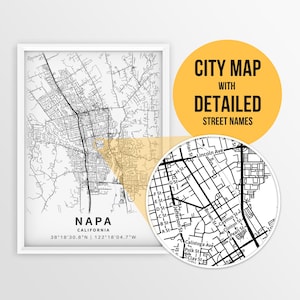 Printable Map of Napa, California, USA with Street Names - Instant Download \ City Map \ Travel Gift \City Poster \ Map Print \ Wine Country