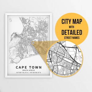 Mapa para impressão da Cidade do Cabo, África do Sul com nomes de ruas - Download instantâneo \ Mapa da cidade \ Presente de viagem \ Cartaz da cidade \ Impressão de mapa de estradas