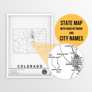 Printable Map of Colorado, USA with city names and roads - Instant Download \ Poster gift \ Travel Planner \ Pushpin map \ Map Print