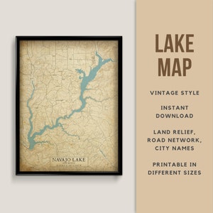 Mapa de estilo vintage imprimible del lago Navajo, Nuevo México con nombres de ciudades - Descarga instantánea \ Mapa rústico \ Estilo antiguo \ Lake House \ Wall Art