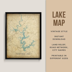 Mapa w stylu vintage jeziora Norfork, Arkansas, USA z nazwami miast - natychmiastowe pobranie \ Mapa jeziora \ Wydruk mapy \ Plakat nad jeziorem \ Domek nad jeziorem