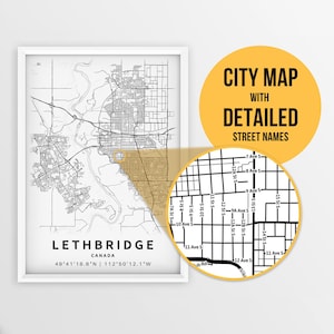 Carte imprimable de Lethbridge, Alberta, Canada avec noms de rues - Téléchargement instantané \ Carte de la ville \ Cadeau de voyage \ Affiche de la ville \ Impression de carte routière