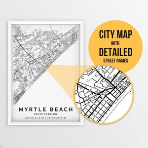 Mapa para impressão de Myrtle Beach, Carolina do Sul, EUA com nomes de ruas - download instantâneo \ Mapa da cidade \ Presente de viagem \ Cartaz da cidade \ Mapa de estradas