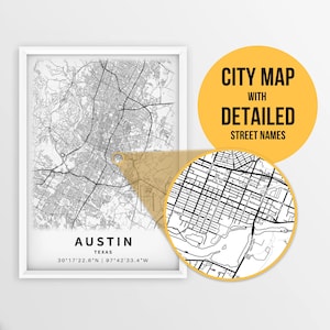 Mapa para impressão de Austin, Texas, EUA com nomes de ruas - download instantâneo \ Mapa da cidade \ Presente de viagem \ Cartaz da cidade \ Impressão de mapa de estradas \ Arte do mapa