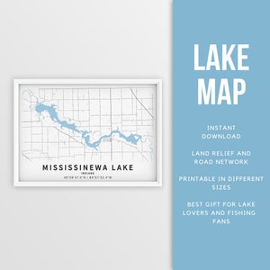 Mapa imprimible del lago Mississinewa, Indiana, EE. UU. - Descarga instantánea \ Mapa del lago \ Cartel del mapa \ Decoración de la casa del lago \ LakeLife \ Pesca \ Paseos en bote