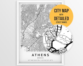 Athens Greece Map with Street Names, Printable Athens City Poster (Instant Download)