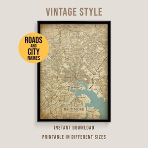 Baltimore, Maryland Vintage Style Map, Printable Baltimore City Poster (Instant Download)