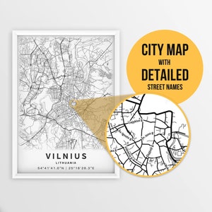 Druckbare Karte von Vilnius, Litauen mit Straßennamen - Sofort Download \ City Map \ Travel Gift \ City Poster \ Road Map Print \Street Map