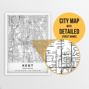 Druckbare Karte von Kent, Washington, USA mit Straßennamen - Sofort Download \ City Map \ Travel Gift \ City Poster \ Road Map Print