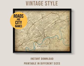 Mappa in stile vintage di Knoxville, Tennessee, poster stampabile della città di Knoxville (download immediato)