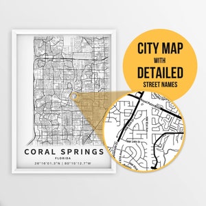 Carte imprimable de Coral Springs, Floride, États-Unis avec noms de rues - Téléchargement instantané \ Plan de la ville \ Cadeau de voyage \ Affiche de la ville \ Impression de la carte routière