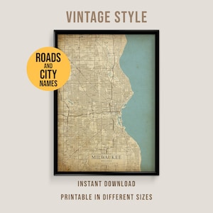 Milwaukee, Wisconsin Vintage Style Map, Printable Milwaukee City Poster (Instant Download)
