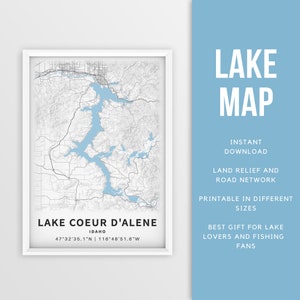 Mapa imprimible del lago Coeur d'Alene Idaho, EE. UU. - Descarga instantánea \ Mapa del lago \ Cartel del mapa \ Decoración de la casa del lago \ LakeLife \ Pesca \ Paseos en bote
