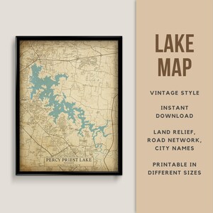 Mapa de estilo vintage imprimible de Percy Priest Lake, Tennessee con nombres de ciudades - Descarga instantánea \ Mapa rústico \ Estilo antiguo \ Lake House