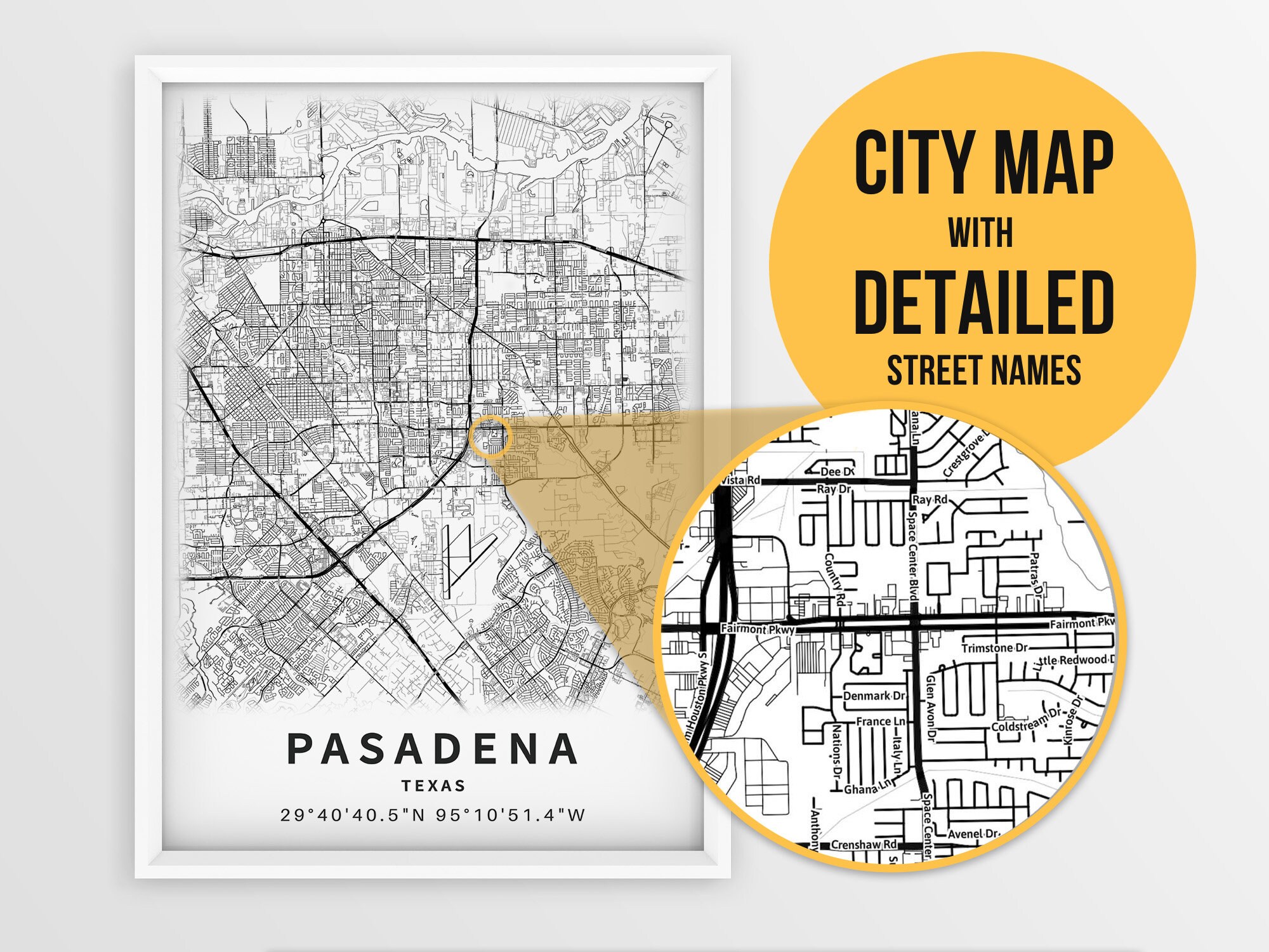 Pasadena Square Map Poster Pasadena Wall Art Custom Personalized map Pasadena gift Pasadena California Map Print
