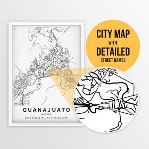 Printable Map of Guanajuato, Mexico with Street Names - Instant Download \ City Map \ Travel Gift \ City Poster \ Guanajuato Map Print