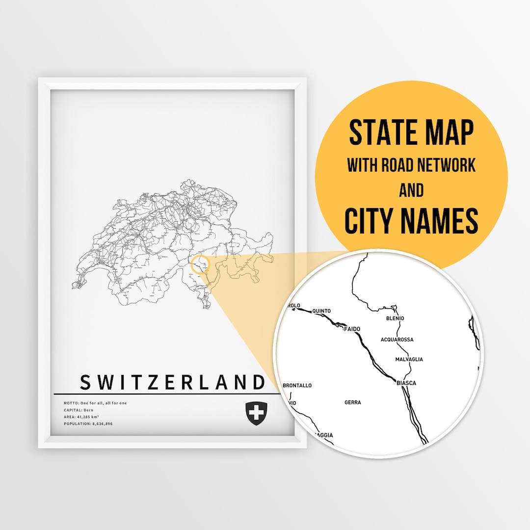 Printable Map of Switzerland With City Names and Roads Instant Download State Map Map Art Push ...