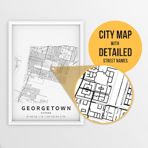 Mapa para impressão de Georgetown, Demerara-Mahaica, Guiana com nomes de ruas - download instantâneo \ Mapa da cidade \ Presente de viagem \ Cartaz da cidade \ Mapa de estradas