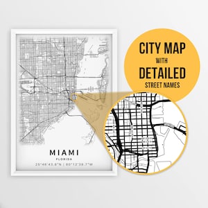 Afdrukbare kaart van Miami, Florida, VS met straatnamen - Instant Download \ Stadsplattegrond \ Reiscadeau \ Stadsposter \ Routekaart afdrukken \ Muurkunst