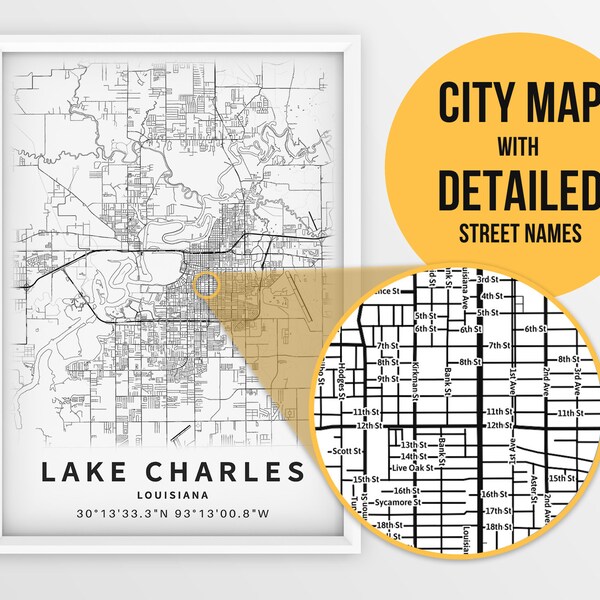 Printable Map of Lake Charles, Louisiana, United States with street names - Instant Download \ City Map \ Gift Idea \ Wall Art