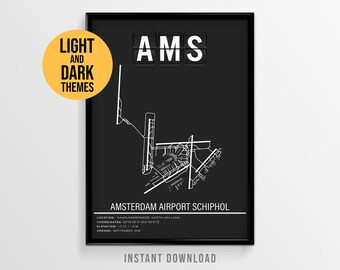 Amsterdam Airport Schiphol Poster, AMS Schiphol Runway Map, Netherlands Travel Art (Instant Download)