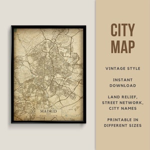 Druckbare Karte im Vintage-Stil von Madrid, Spanien - Sofortiger Download \ Straßenkarte \ Wandkunst \ Kartenposter \ Antikstil \ Spanien-Geschenk