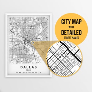 Mapa para impressão de Dallas, Texas, EUA com nomes de ruas - download instantâneo \ Mapa da cidade \ Presente de viagem \ Cartaz da cidade \ Impressão de mapa de estradas \ Arte do mapa