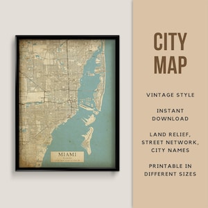 Afdrukbare vintage kaart van Miami, Florida, Verenigde Staten - Instant Download \ Stratenplan \ Wall Art \ Kaartposter \ Antieke stijl \ Kaart afdrukken