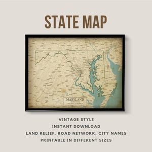 Maryland Printable Vintage Style Map poster - Instant Download, Road Map, Maryland Poster, Maryland Antique Style map, Baltimore map