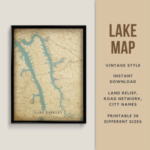 Mappa in stile vintage del lago Barkley, Kentucky - Tennessee, USA con nomi di città - Download istantaneo \ Mappa del lago \ Arte della parete \ Poster stampabile