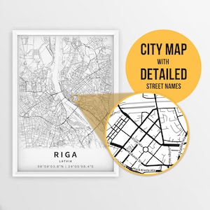 Mapa para impressão de Riga, Letônia, com nomes de ruas - download instantâneo \ Mapa da cidade \ Presente de viagem \ Cartaz da cidade \ Impressão de mapa de estradas \ Mapa de ruas