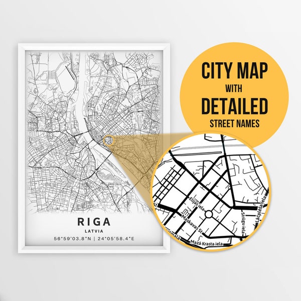 Printable Map of Riga, Latvia with Street Names - Instant Download \ City Map \ Travel Gift \ City Poster \ Road Map Print \ Street Map