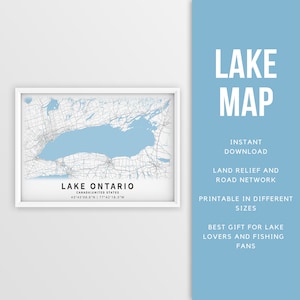 Mapa imprimible del lago Ontario Canadá, EE. UU. - Descarga instantánea \ Mapa del lago \ Cartel del mapa \ Decoración de la casa del lago \ LakeLife \ Pesca \ Paseos en bote