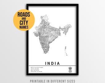 Poster con mappa dell'India, mappa stradale stampabile con nomi delle città (download immediato)