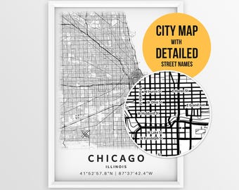 Chicago Illinois Map with Street Names, Printable Chicago City Poster (Instant Download)