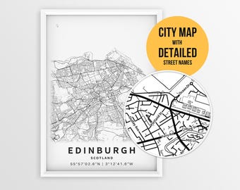 Mappa di Edimburgo, Scozia, con i nomi delle strade, poster stampabile della città di Edimburgo (download immediato)