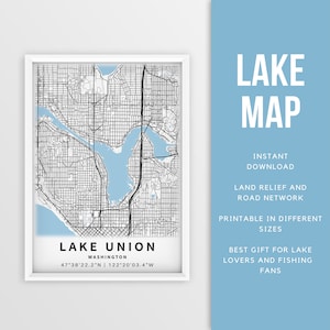 Afdrukbare kaart van Lake Union, Seattle, Washington, VS - Instant Download \ Lake Map \ Lake House Decor \ LakeLife \ Fishing \ Varen