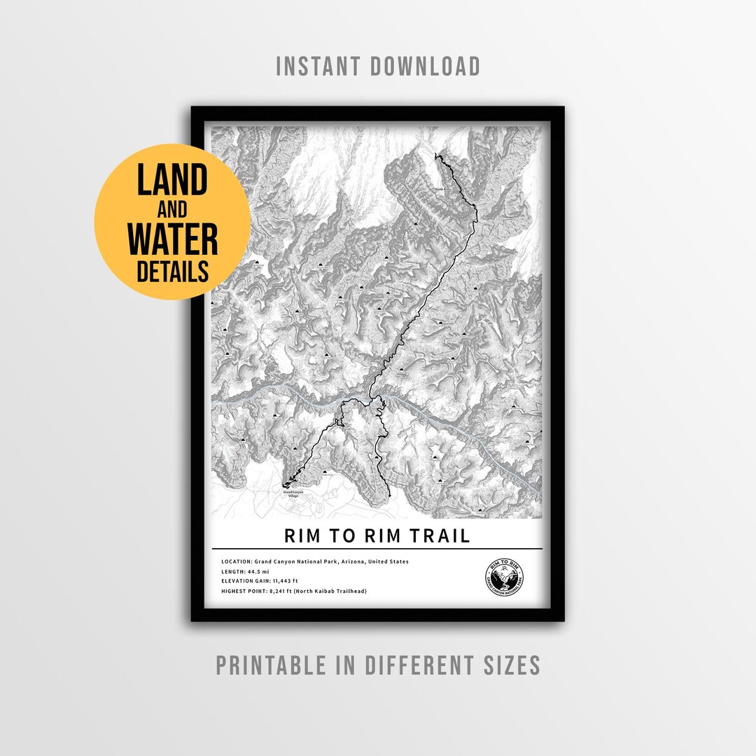 Arizona Grand Canyon Rim to Rim Map, Printable R2R Hiking Poster ...