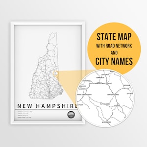 Carte imprimable du New Hampshire, aux États-Unis, avec les noms des villes et des routes - Téléchargement immédiat \ Carte de l'État \ Planificateur de voyage \ Carte à épingles \ Impression de carte