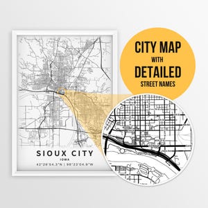 Printable Map of Sioux City, Iowa, USA with Street Names - Instant Download \ City Map \ Travel Gift \ City Poster \ Road Map Print