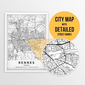 Printable Map of Rennes, France with Street Names - Instant Download \ City Map \ Travel Gift \ City Poster \ Road Map Print \ Street Map