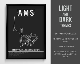 Cartel de Schiphol del aeropuerto de Ámsterdam AMS - Descarga instantánea \ Arte del mapa \ Cartel imprimible \ Arte de la pared \ Regalo piloto \ Cartel de viaje de los Países Bajos