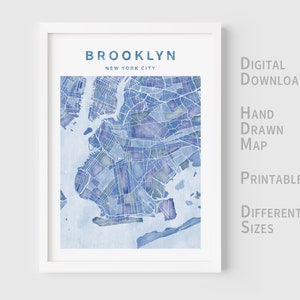Druckbare Aquarell Karte von Brooklyn, New York City, USA - Sofort Download \ Stadtplan \ Wandkunst \ Handgezeichnet